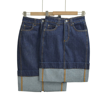 Women's High-Waisted Midi Skirt Made of Denim with Visible Seams and Turned-Up Hem EVA-US