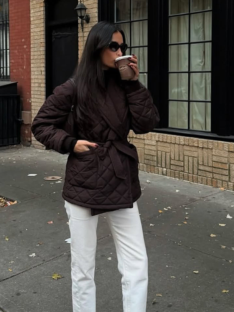 Women's quilted wrap jacket with waist tie belt and shawl collar EVA-US