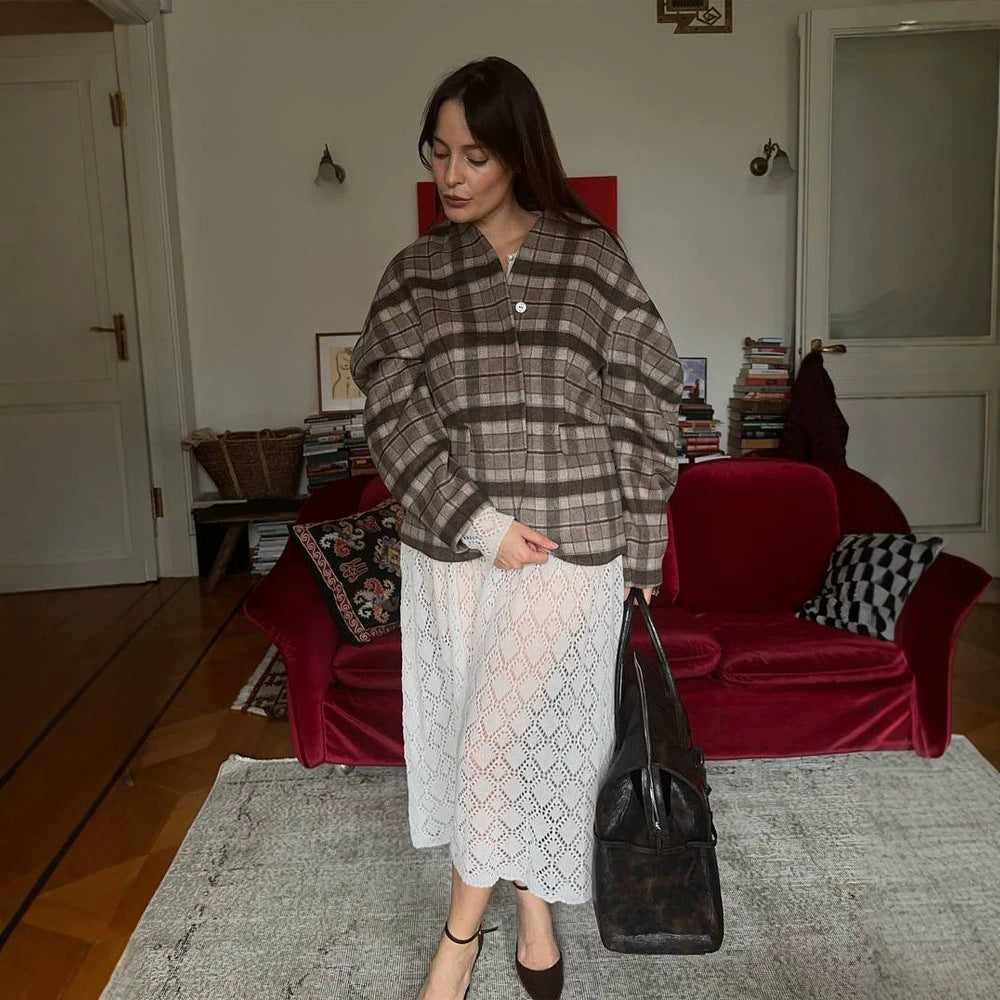 Women's Checked Boxy Blazer with Voluminous Balloon Sleeves EVA-US