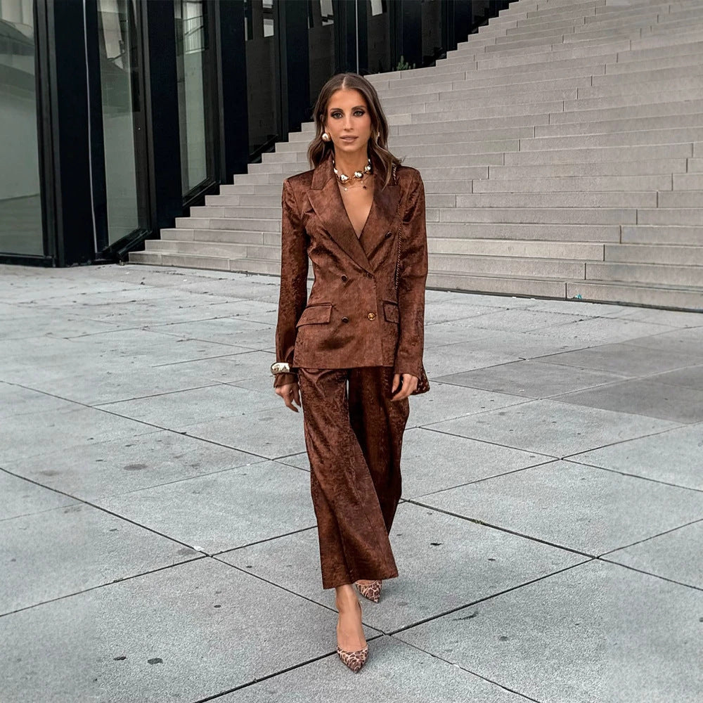 Women's Double-Breasted Velvet Blazer and Cropped Pants Co-Ord Set EVA-US