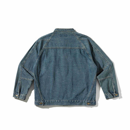 Unisex Boxy Denim Jacket with Stand-up Collar, distinctive seam piping and Button Placket EVA-US