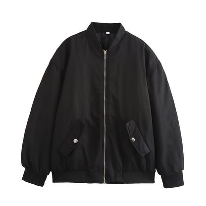Women Boxy Bomber Jacket in Oversized Look with Zipper and Slanted Flap Pockets EVA-US