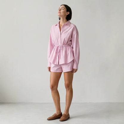 Women Striped Loungewear Set made of Lightweight Cotton with Drawstring Waist & Shorts EVA-US