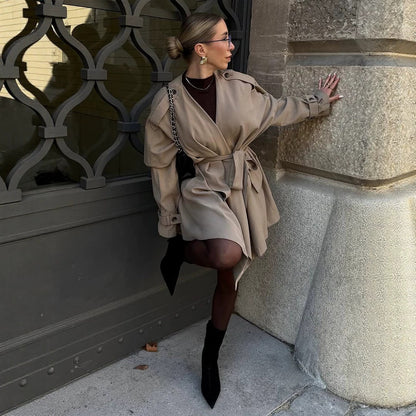 Women's Short Asymmetrical Wrap Coat with Ruffle Overlay and Tie Belt EVA-US