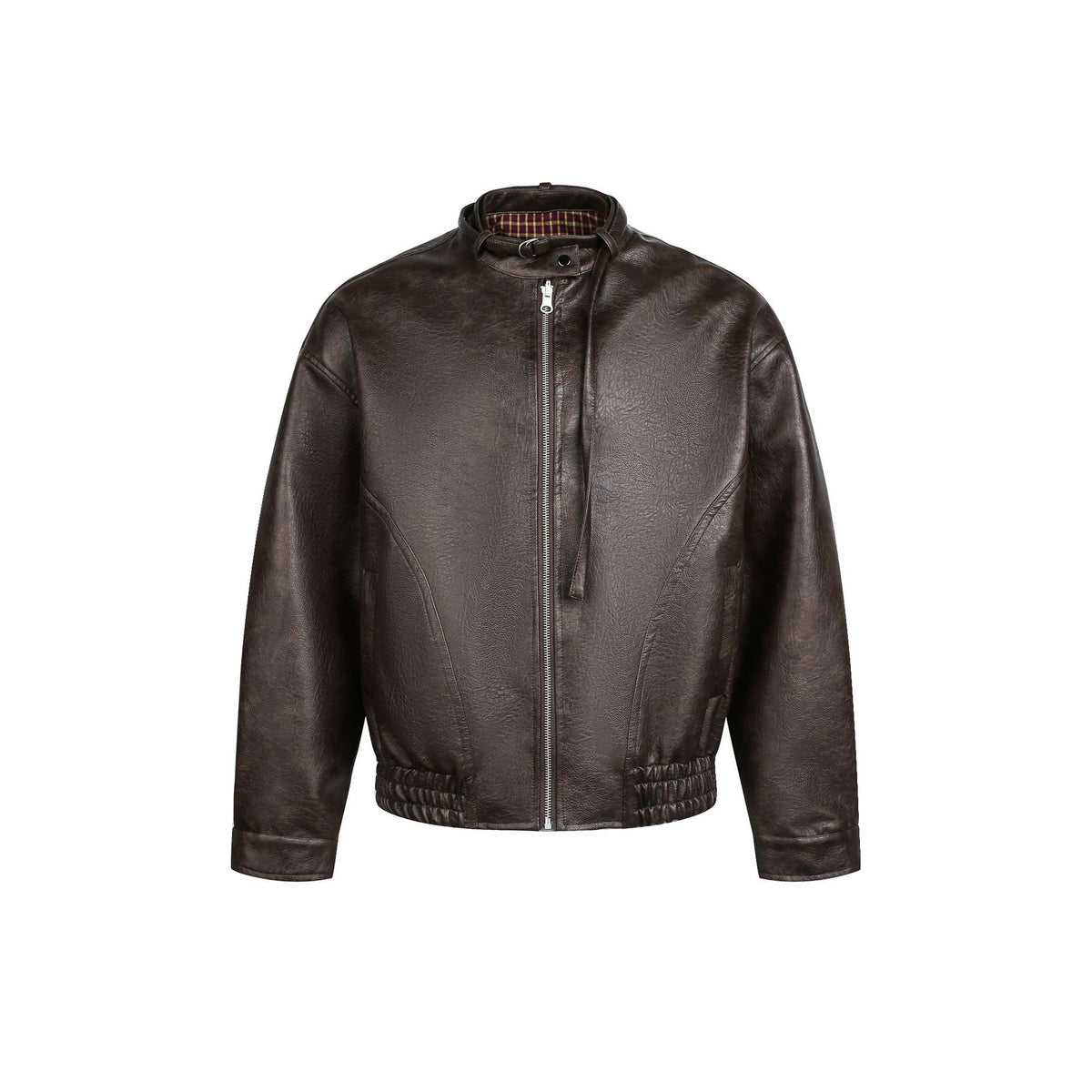 Men's leather pilot jacket with buckle collar and gathered hem EVA-US