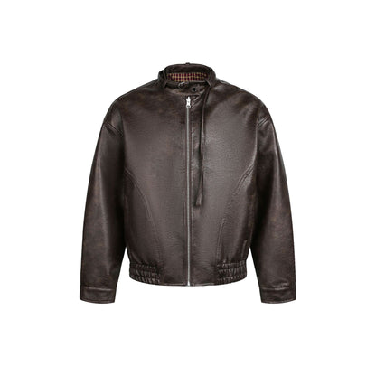 Men's leather pilot jacket with buckle collar and gathered hem EVA-US