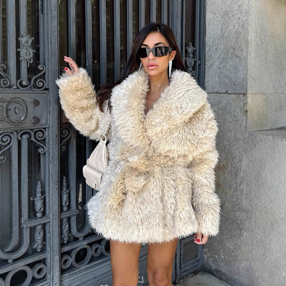 Women Short Cozy Faux Fur Coat with Waist Belt and Voluminous Shawl Collar EVA-US