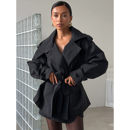 Women's Short Tailored Trench with Cape Overcoat and Tie Belt EVA-US