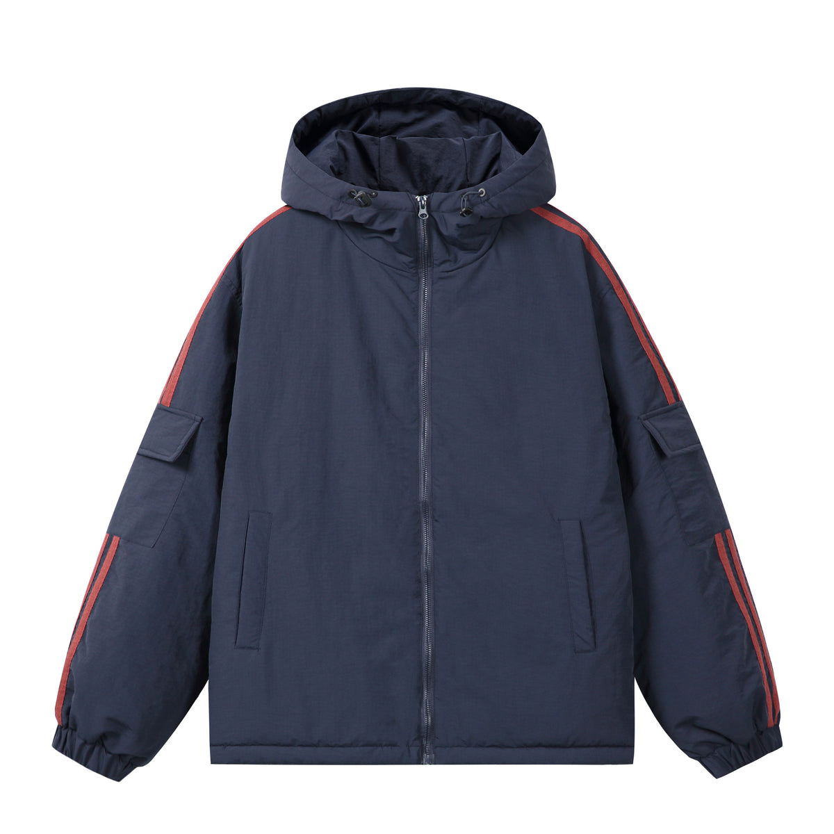 Unisex Short Boxy Padded Hooded Jacket with Sleeve Utility Pocket and Side Insertion Pockets EVA-US