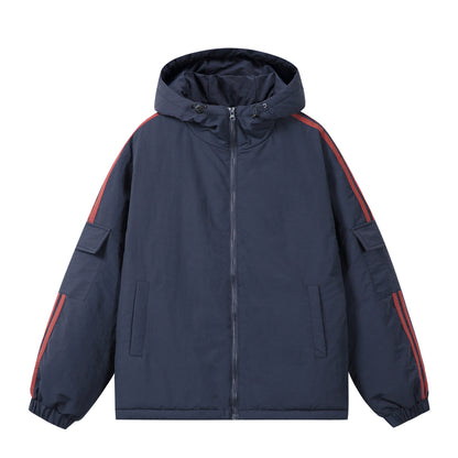 Unisex Short Boxy Padded Hooded Jacket with Sleeve Utility Pocket and Side Insertion Pockets EVA-US