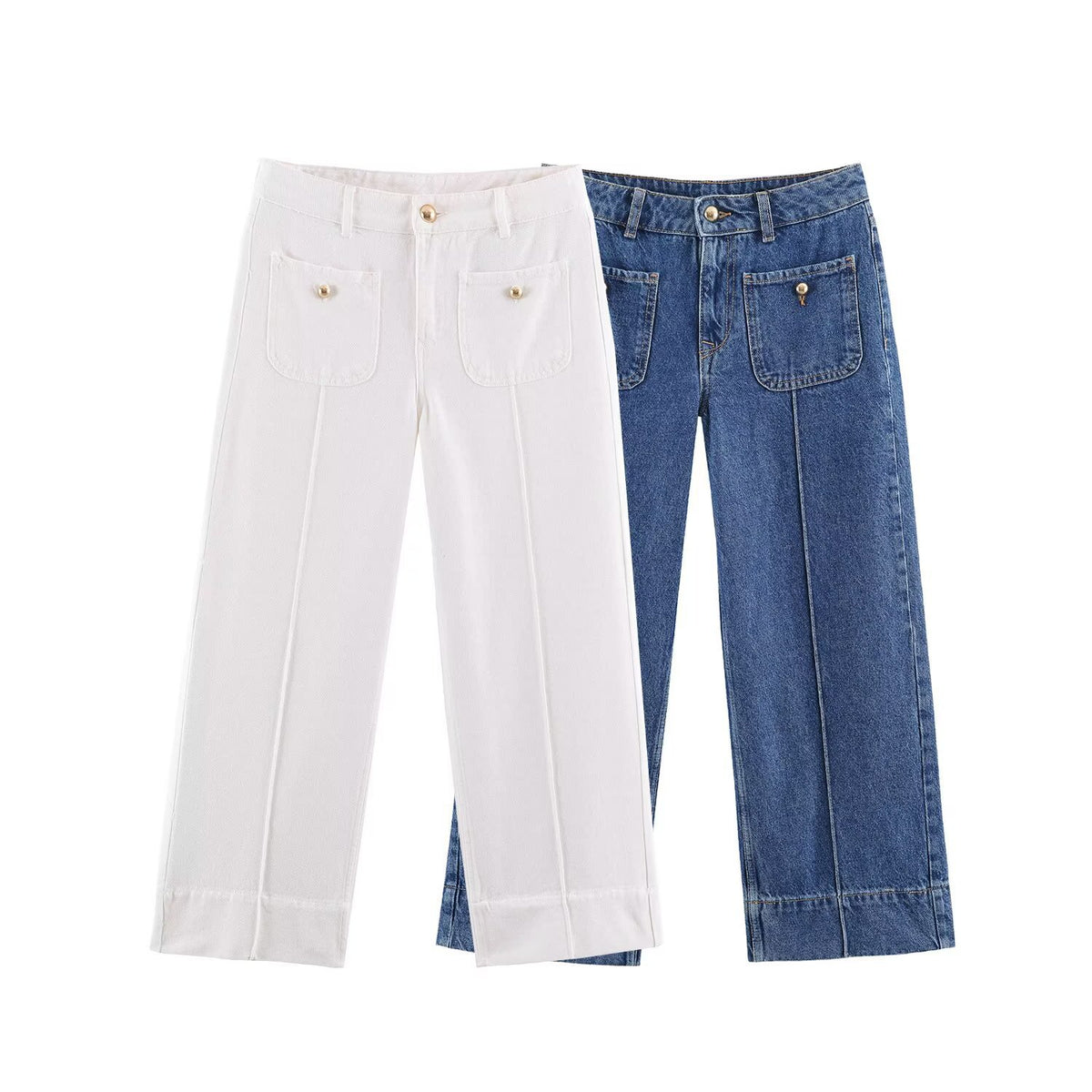 Ladies High-Waist Wide-Leg Jeans with patch front pockets and center seam detail EVA-US