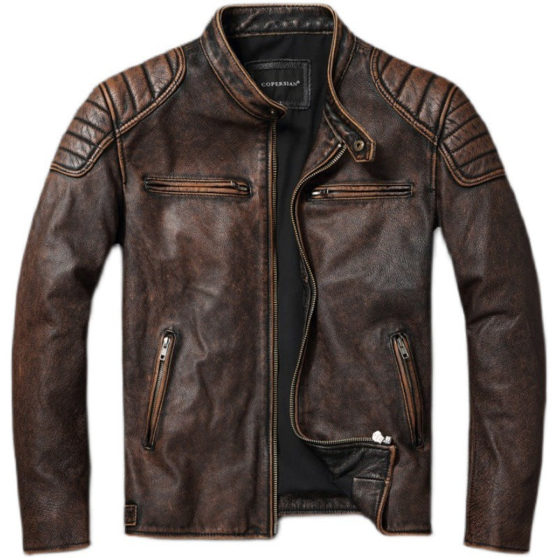 Men's Vintage Biker Leather Jacket with Stand Collar and Padded Shoulder EVA-US