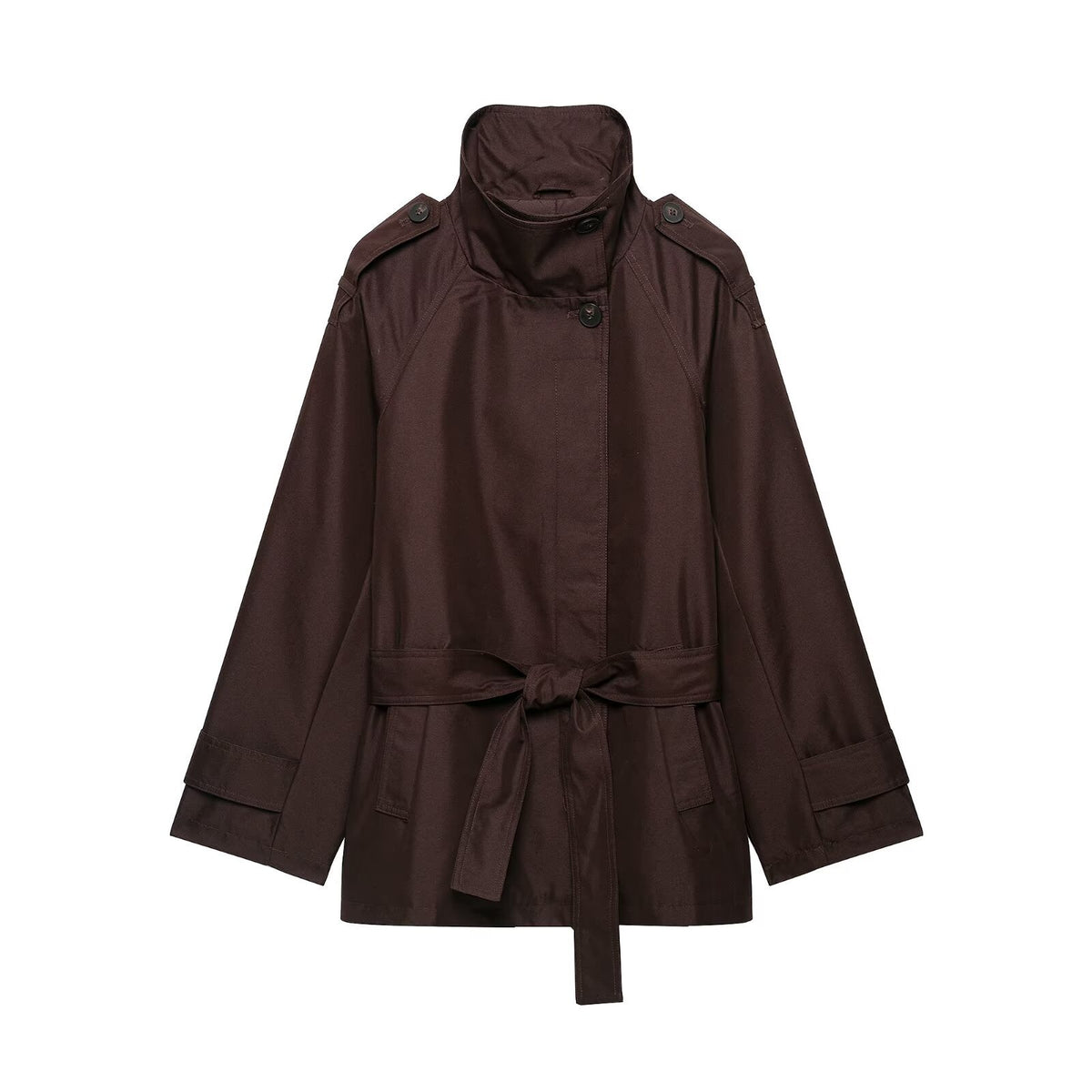 Women's Short Tailored Rain Jacket in Trench Style with Stand Collar and Tie Belt EVA-US