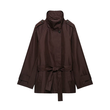 Women's Short Tailored Rain Jacket in Trench Style with Stand Collar and Tie Belt EVA-US