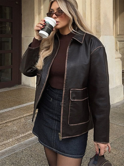 Women's Short Faux Leather Jacket in Aviator Look with Contrasting Decorative Seams EVA-US