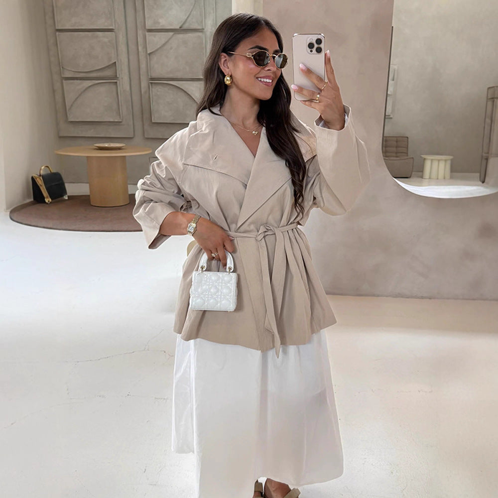 Women's wrap short jacket with tie belt, dropped shoulder and boxy silhouette EVA-US