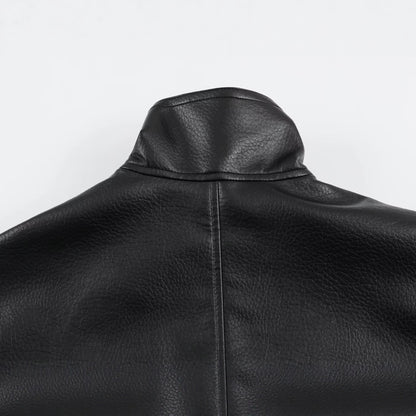 Women's Oversized Faux Leather Jacket with High Funnel Collar and Patch Pockets EVA-US