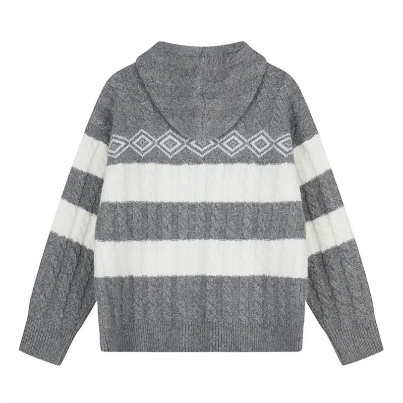 Women's chunky knit hooded cardigan with cable knit, block stripes, and full-length zipper EVA-US