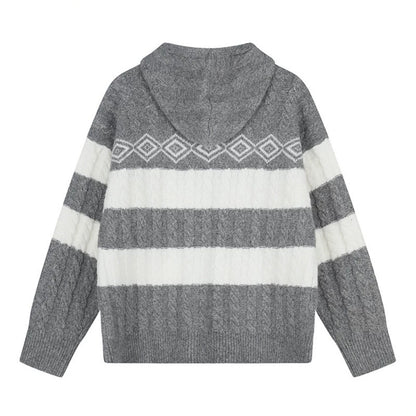 Women's chunky knit hooded cardigan with cable knit, block stripes, and full-length zipper EVA-US