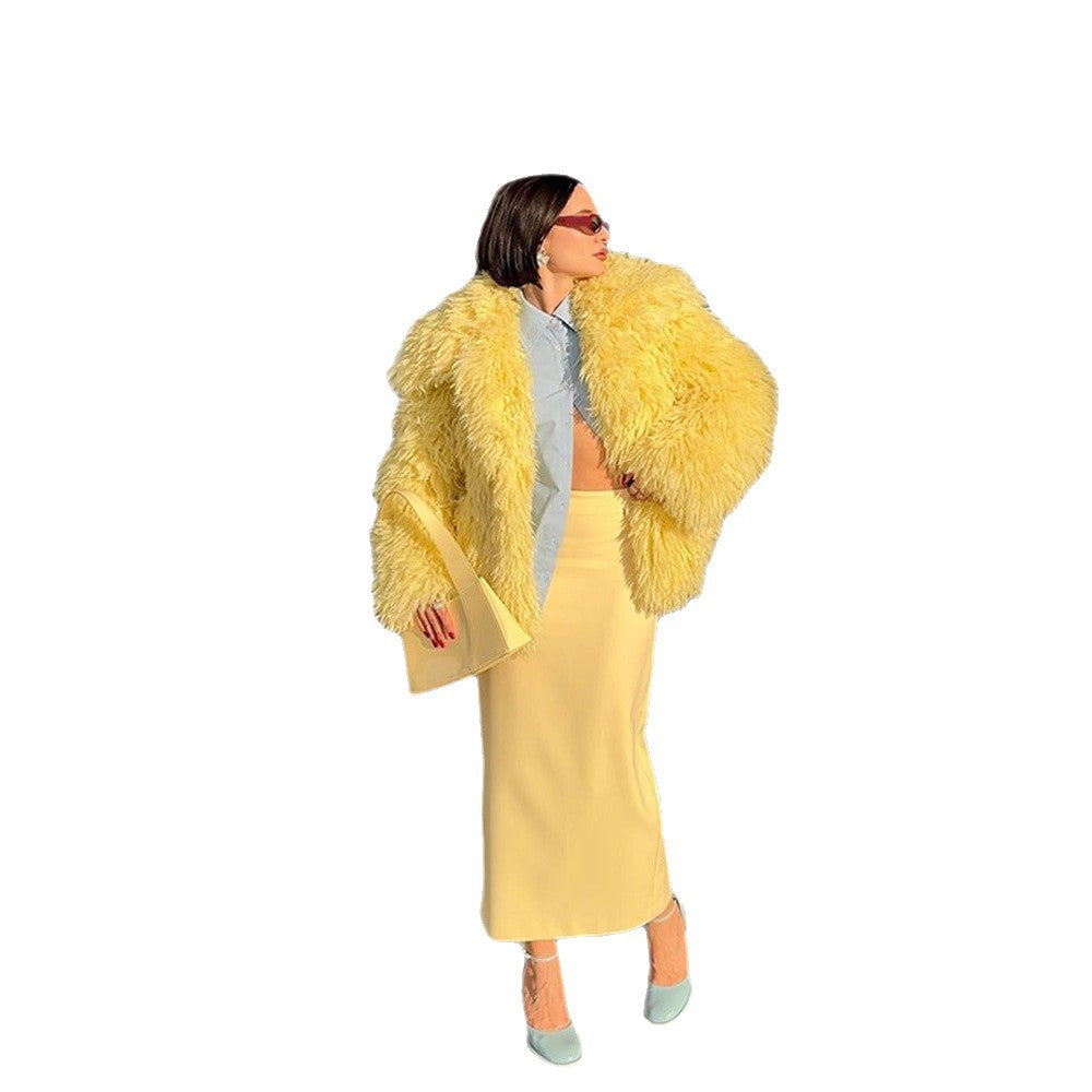 Women's Short Cut Long Pile Shaggy Faux Fur Blouson with Boxy Silhouette EVA-US