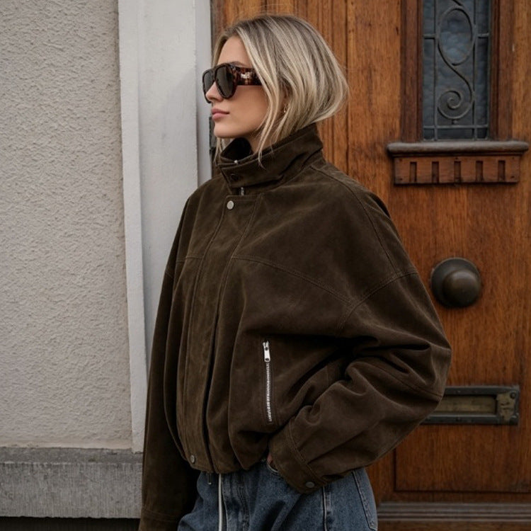 Women's Boxy Suede Bomber Jacket with High Stand Collar and Elastic Hem EVA-US