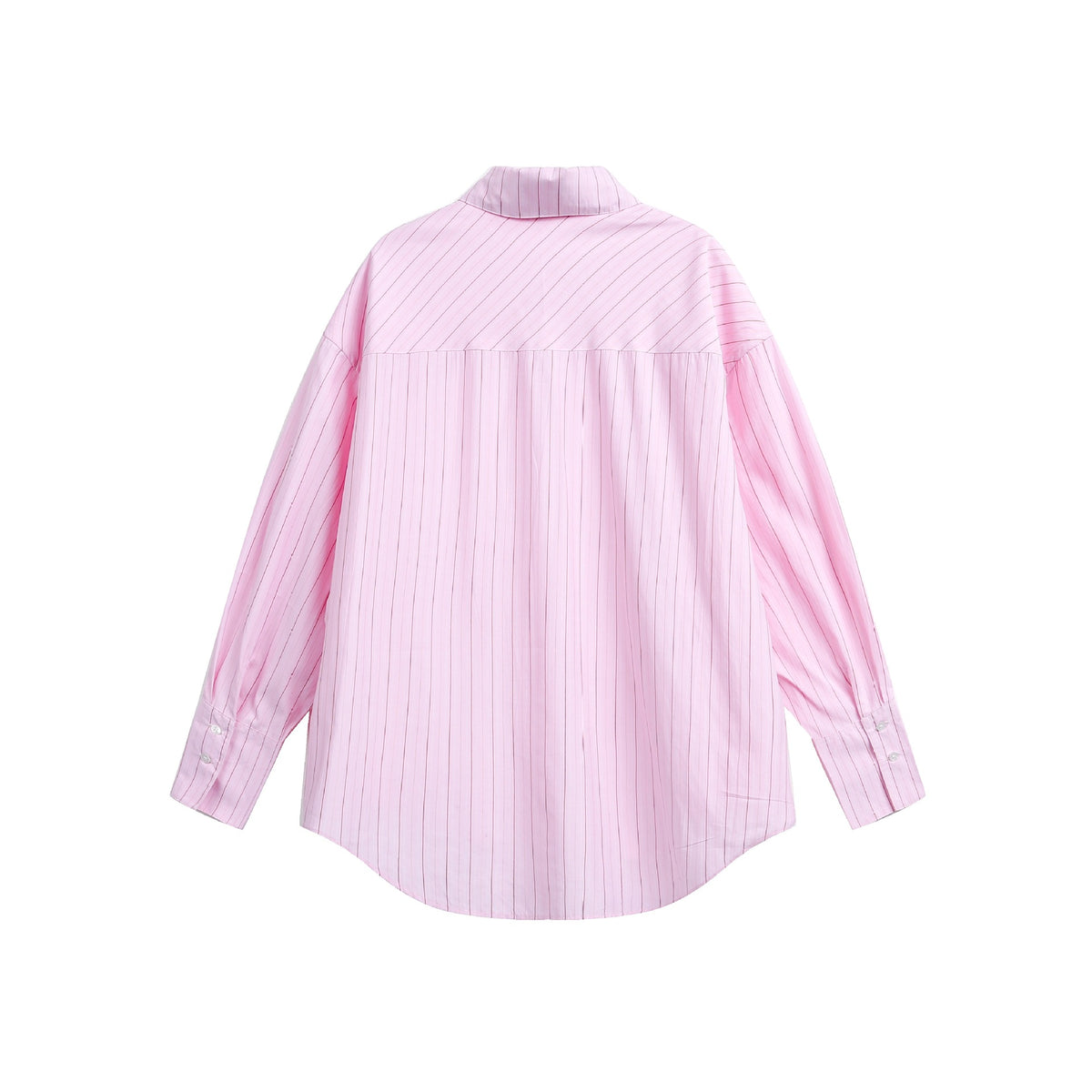 Women's oversized shirt blouse with fine pinstripe texture and rounded hem.