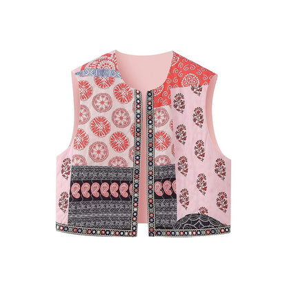 Women's sleeveless short vest with patchwork print, decorative trim and round neckline EVA-US