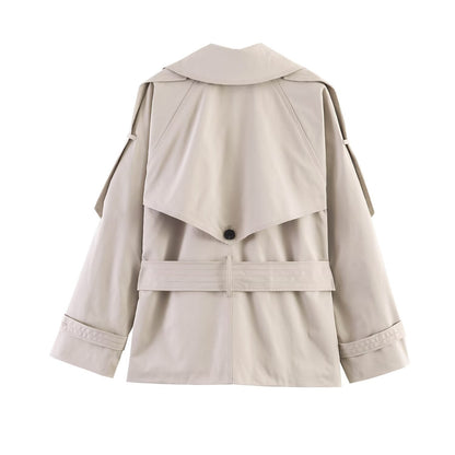 Women's Short Trench Coat with Waist Belt and Cape Detail EVA-US