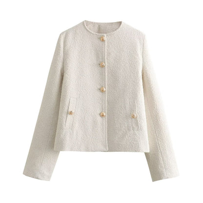 Women's Boxy Boucle Jacket with Round Neckline, Decorative Button Placket and Flap Pockets EVA-US