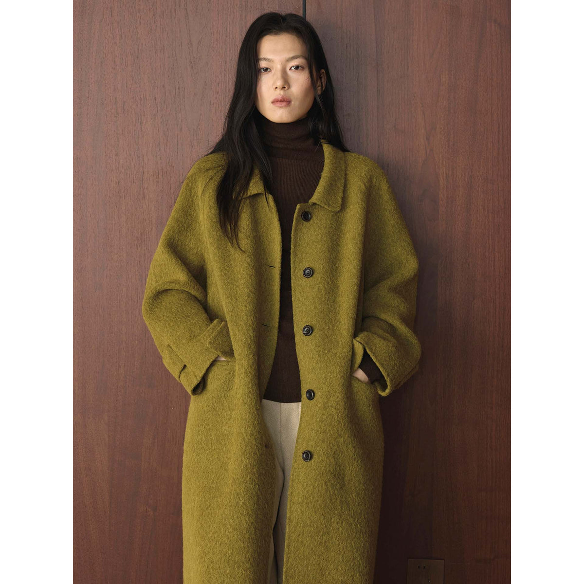 Women's Wide Cut Wool Blend Coat with Boucle Texture and Patch Pockets EVA-US