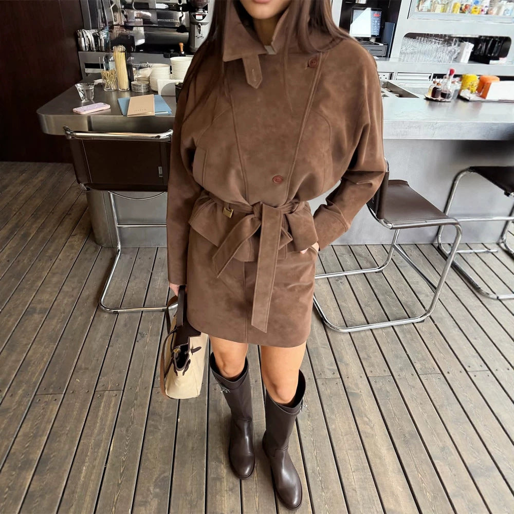 Women's Short Suede Set: Tailored Blouson with Stand Collar & Matching Mini Skirt EVA-US