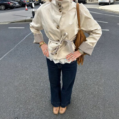 Women's Short Tailored Faux Leather Jacket with Stand-Up Collar, Check Cuffs & Tie Belt EVA-US
