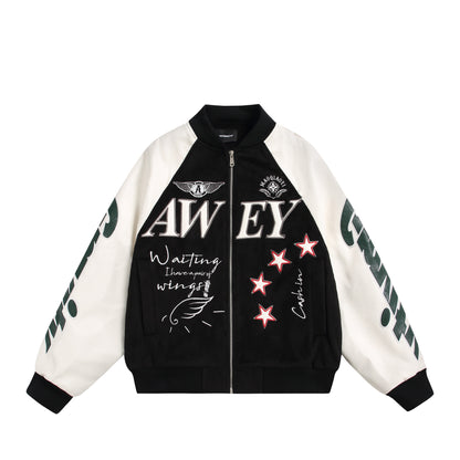 Unisex varsity bomber jacket in material mix with embroidery and application details EVA-US
