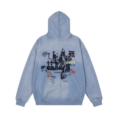 Unisex Oversize Hoodie with Zipper, Used Effect, Vintage Print and Kangaroo Pockets EVA-US