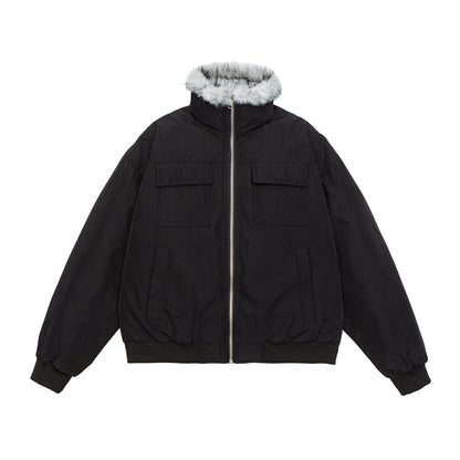 Men's Quilted Short Bomber Jacket with Removable Faux Fur Hood and Patch Front Pockets EVA-US