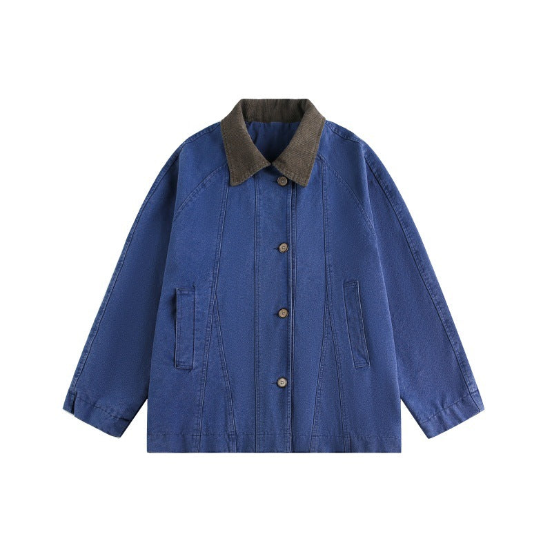 Unisex Short Cut Boxy Denim Jacket with Cord Collar and Tonal Decorative Stitches EVA-US
