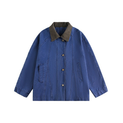 Unisex Short Cut Boxy Denim Jacket with Cord Collar and Tonal Decorative Stitches EVA-US