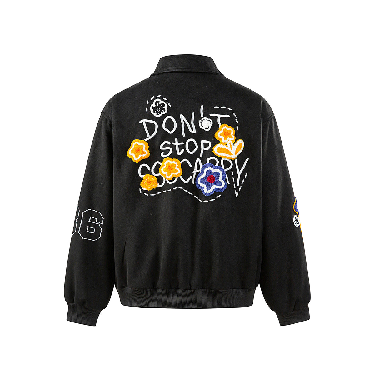 Unisex Boxy Blouson Jacket with Embroidered Floral Patches and Elastic Hem EVA-US