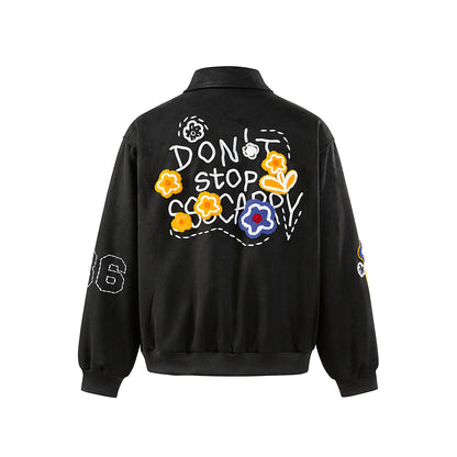 Unisex Boxy Blouson Jacket with Embroidered Floral Patches and Elastic Hem EVA-US