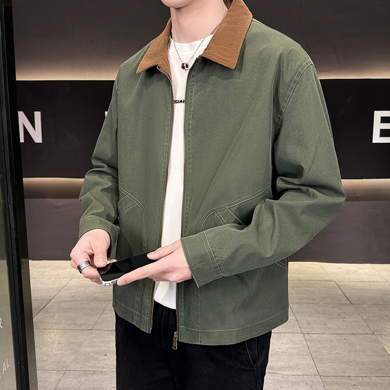 Men's canvas field jacket with cord collar, full-length zipper, and ergonomic seam details EVA-US