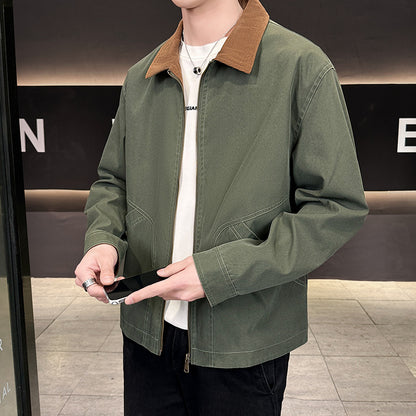 Men's canvas field jacket with cord collar, full-length zipper, and ergonomic seam details EVA-US