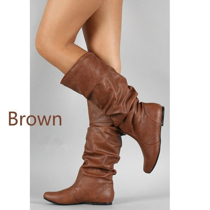 Women's casual knee-high slouch boots with flexible shaft and flat heel EVA-US