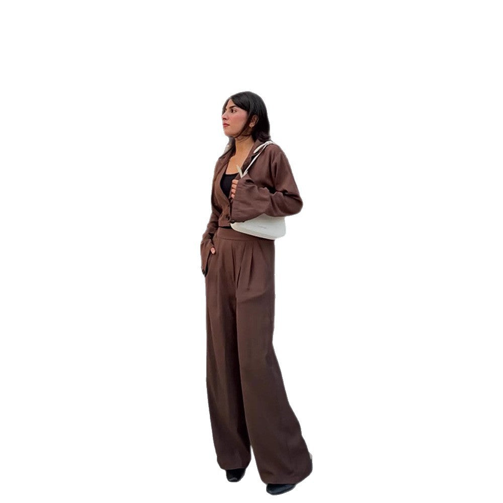 Ladies Two-Piece Tailoring Set Short Blazer with Bell Sleeves and High-Waist Palazzo Pants EVA-US