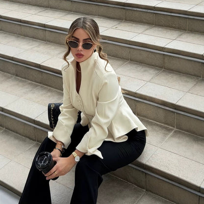 Women's Tailored Blazer with Peplum, Stand Collar & Decorative Button Placket EVA-US