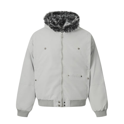 Men's Short Boxy Bomber Jacket in Aviator Look with Removable Faux Fur Collar EVA-US