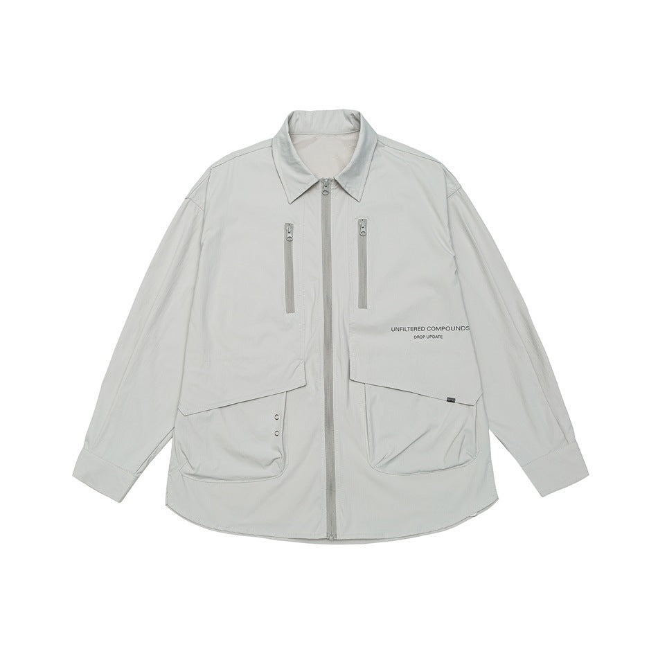 Unisex Technical Overshirt Jacket in Boxy Cut with Front Zipper and Multi-Function Pockets EVA-US