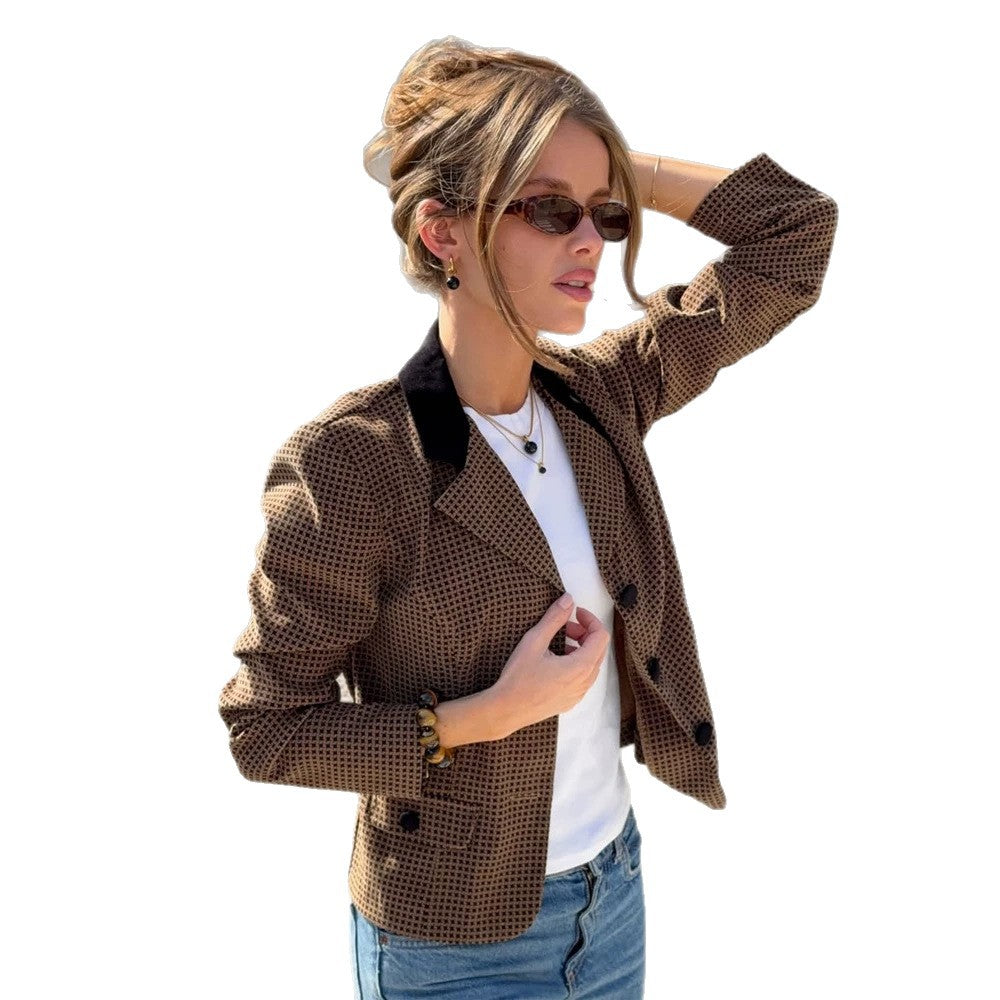 Women Tailored Houndstooth Blazer with Velvet Collar and Two-Button Placket EVA-US