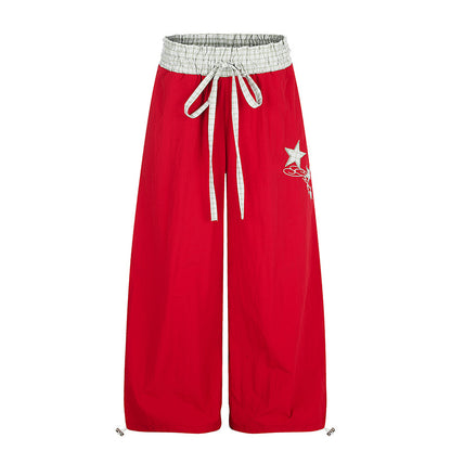 Women's Palazzo Lounge Pants with High Drawstring Waist, Checkered Comfort Waistband and Star Applique EVA-US