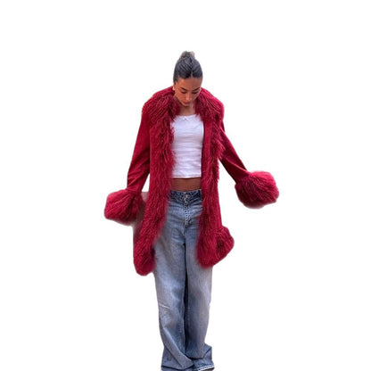 Women Longer Faux Fur Coat with Voluminous Shawl Collar and Decorative Fur Cuffs EVA-US