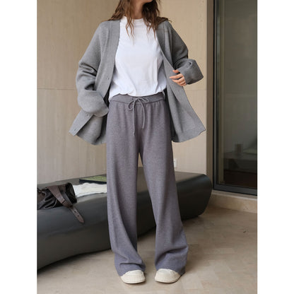 Women Wide Knit Palazzo Pants with High Waist and Drawstring EVA-US